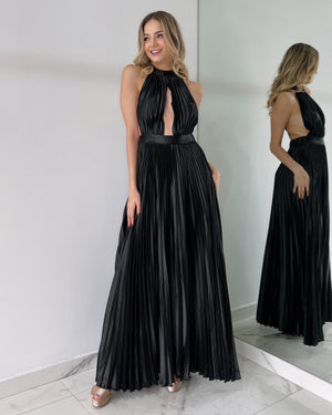 Black Pleated Open Back Gown Dress