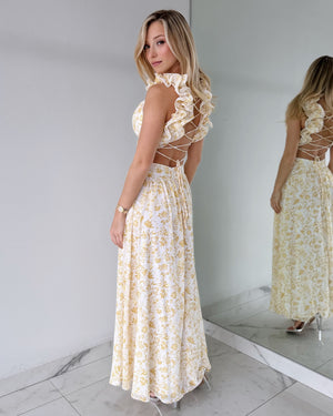 Yellow Print Ruffle Maxi Dress