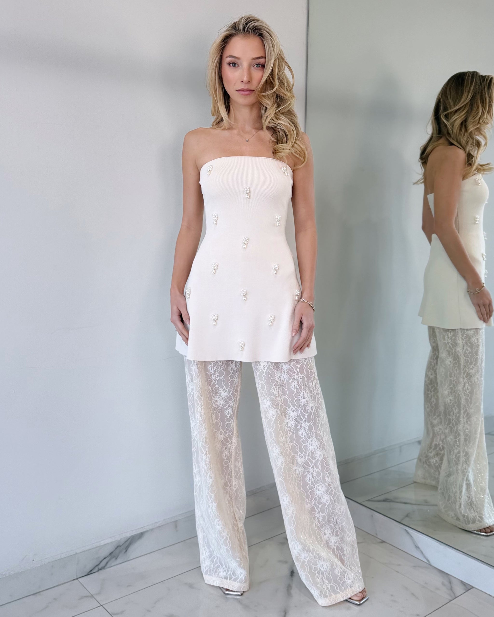 Nude Strapless Detail Top + Pant Two Piece Set