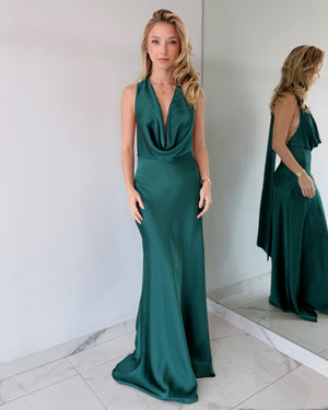 Hunter Green Halter Open Back Gown Dress