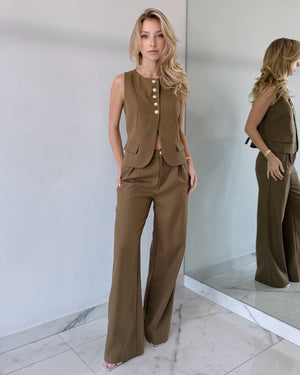 Olive Green Top + Pant Two Piece Set