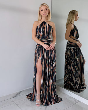 Green Print Open Back Gown Dress