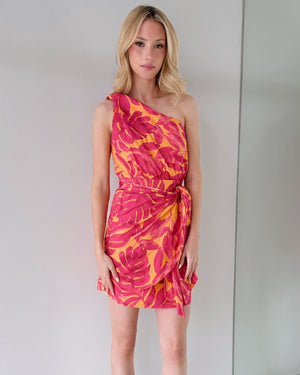 Magenta Print One Shoulder Mini Dress