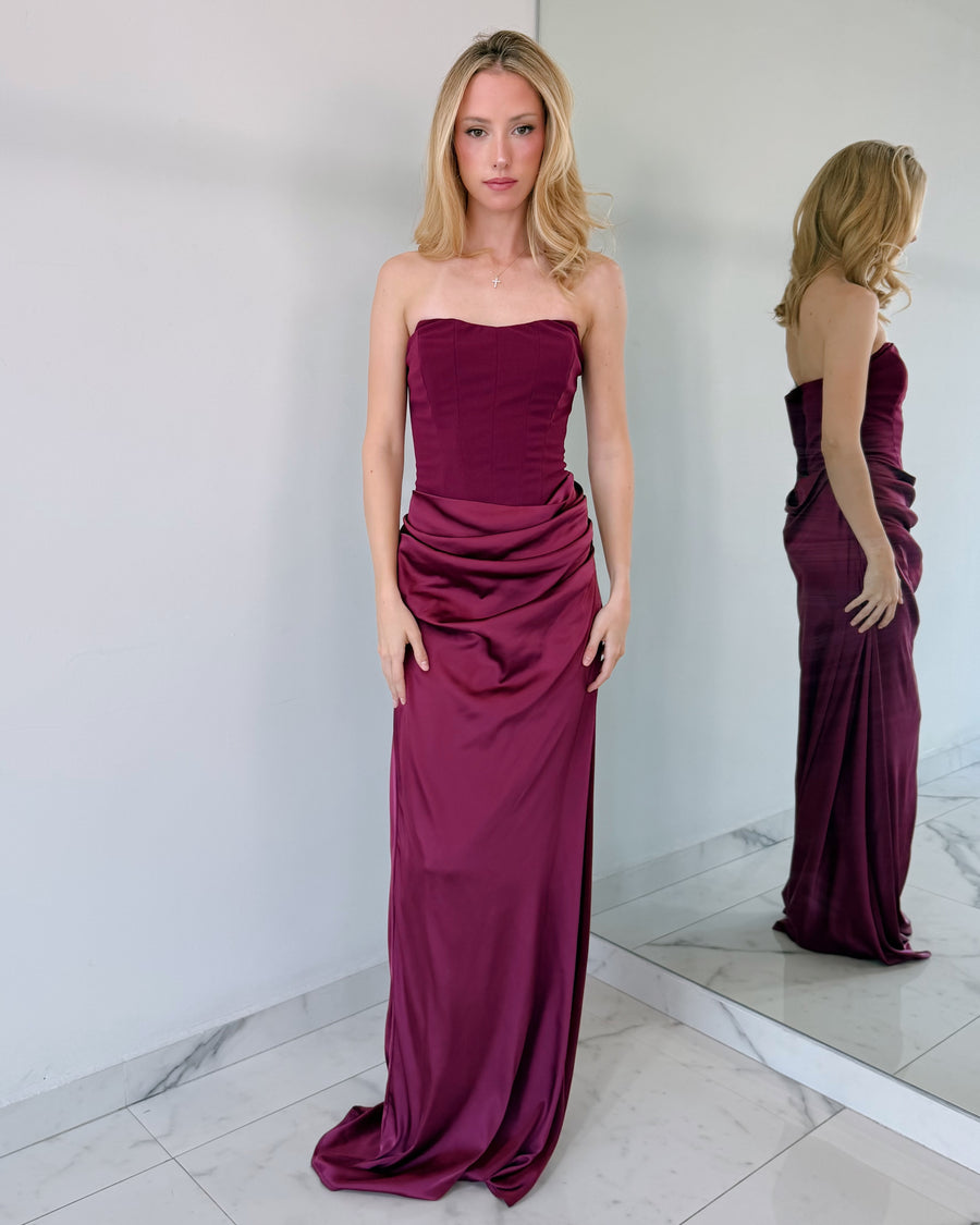 Wine Strapless Gown Dress