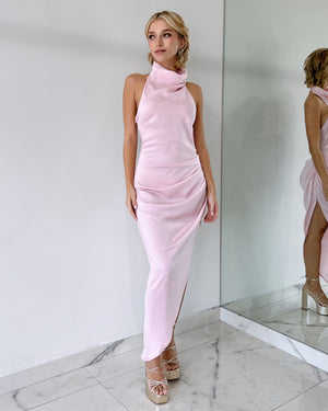 Baby Pink Silk Halter Midi Dress