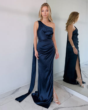 Blue Choker One Shoulder Gown Dress
