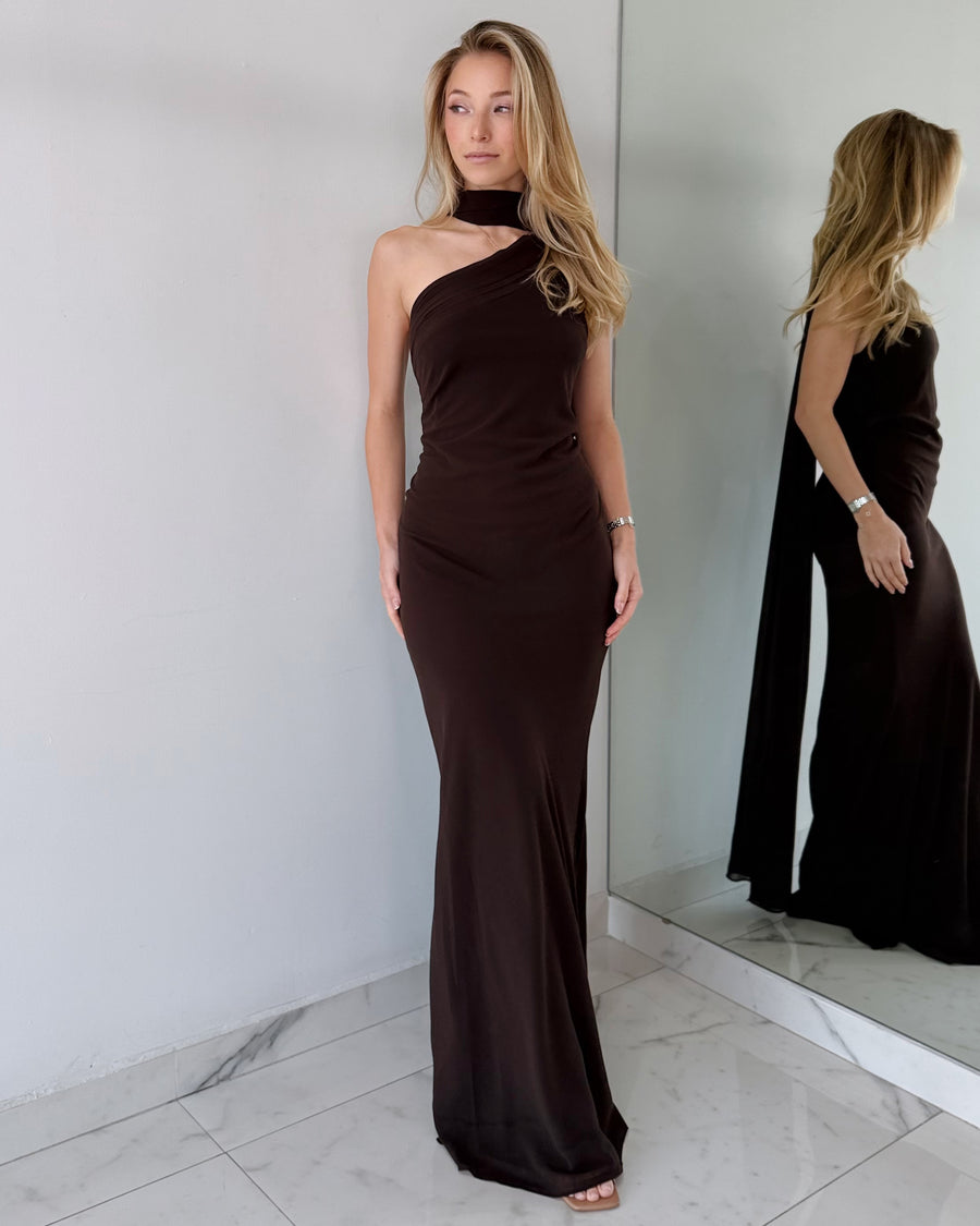 Coffee Chocolate One Shoulder Gown Dress
