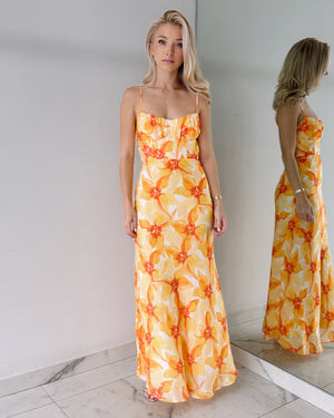 Yellow Orange Floral Open Back Maxi Dress