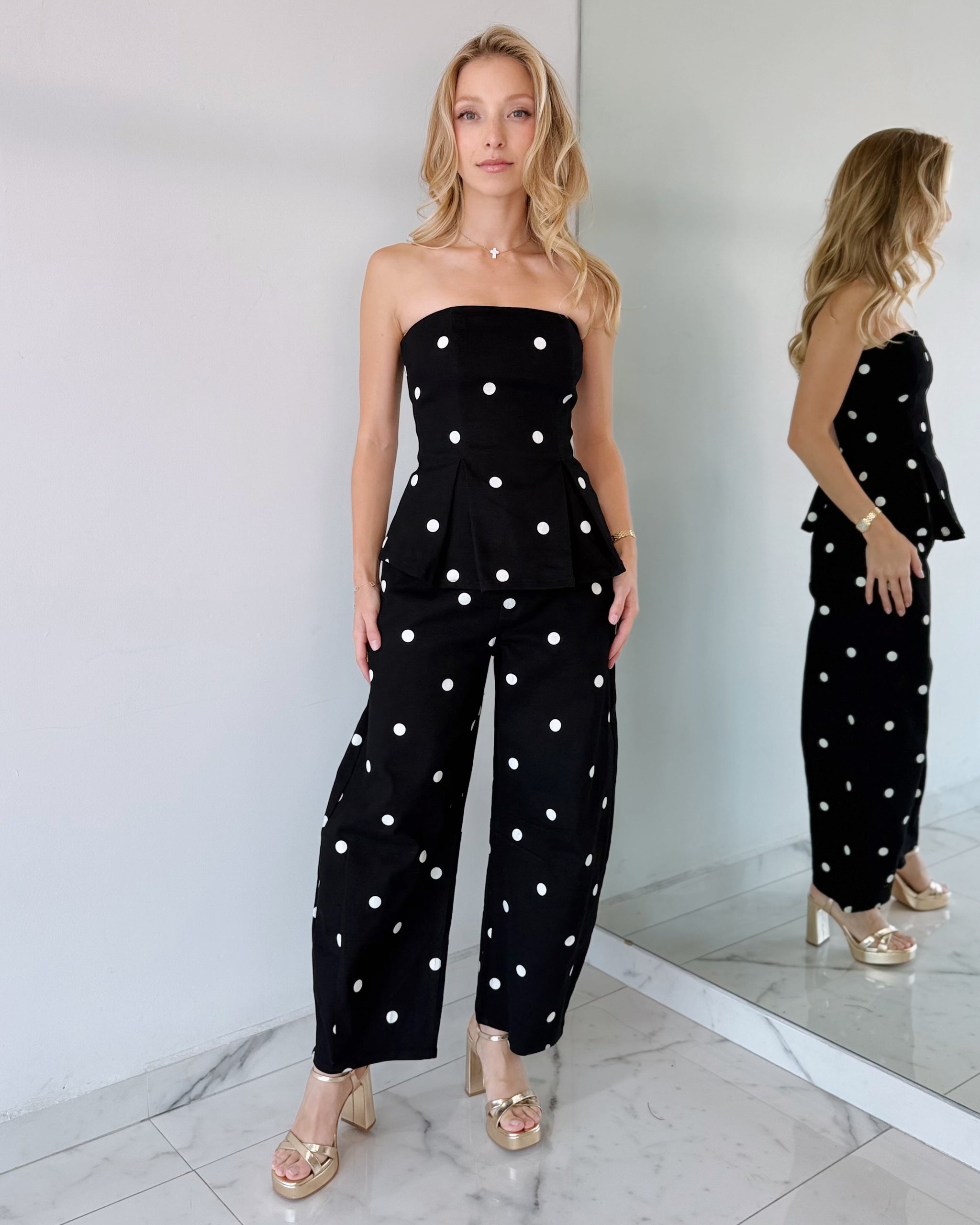 Black Polkdots Top + Pant Two Piece Set