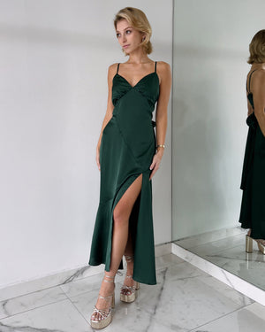 Forest Green Silk Midi Dress