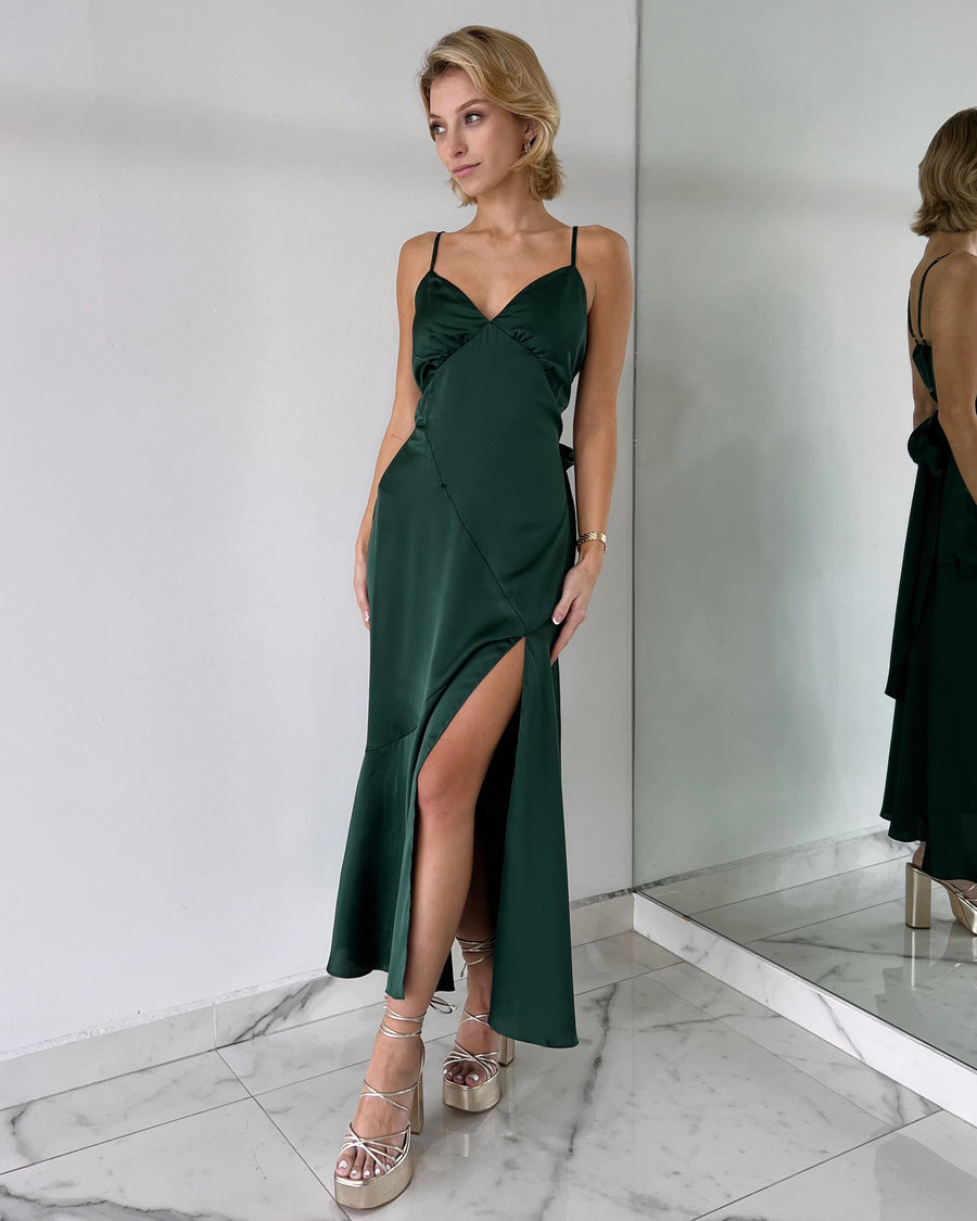 Forest Green Silk Midi Dress
