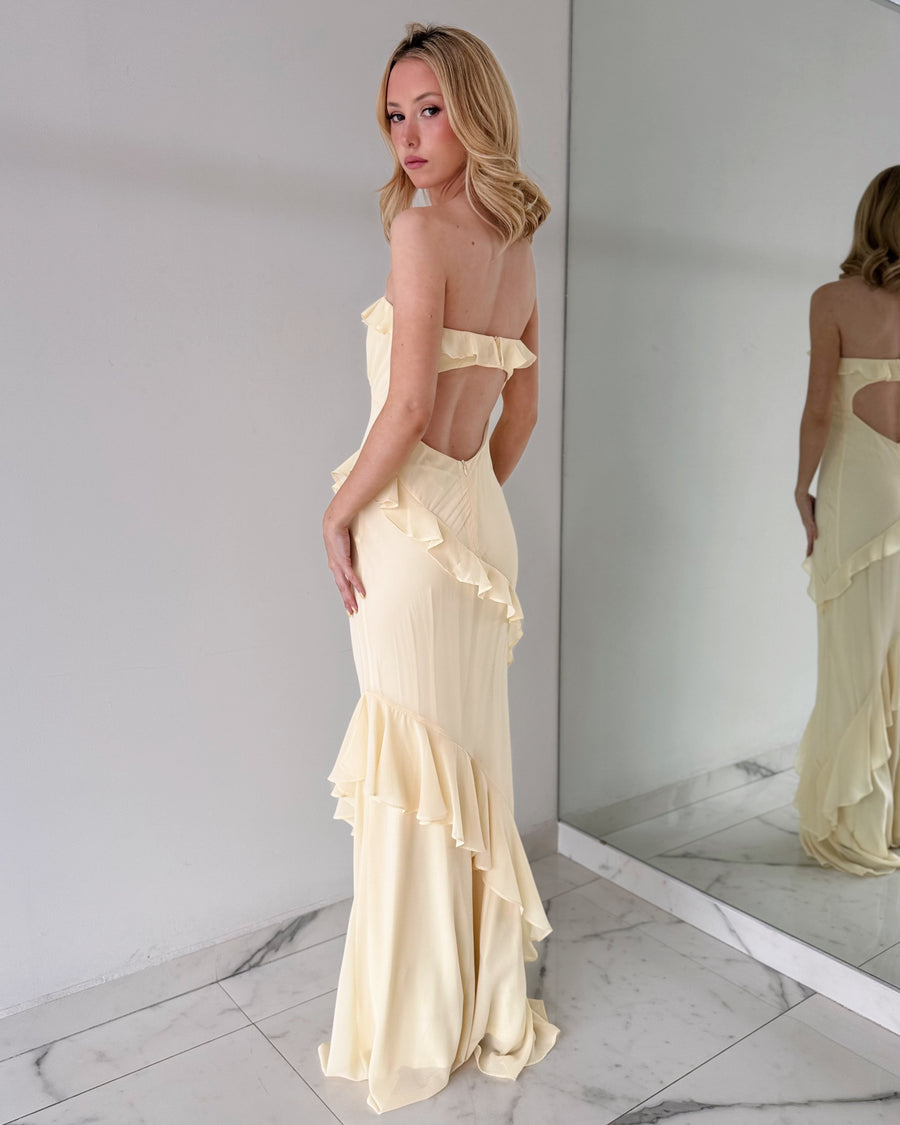 SD314 Baby Yellow Strapless Ruffle Gown Dress