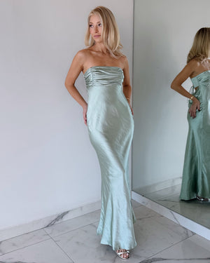 Mint Strapless Silk Open Back Maxi Dress