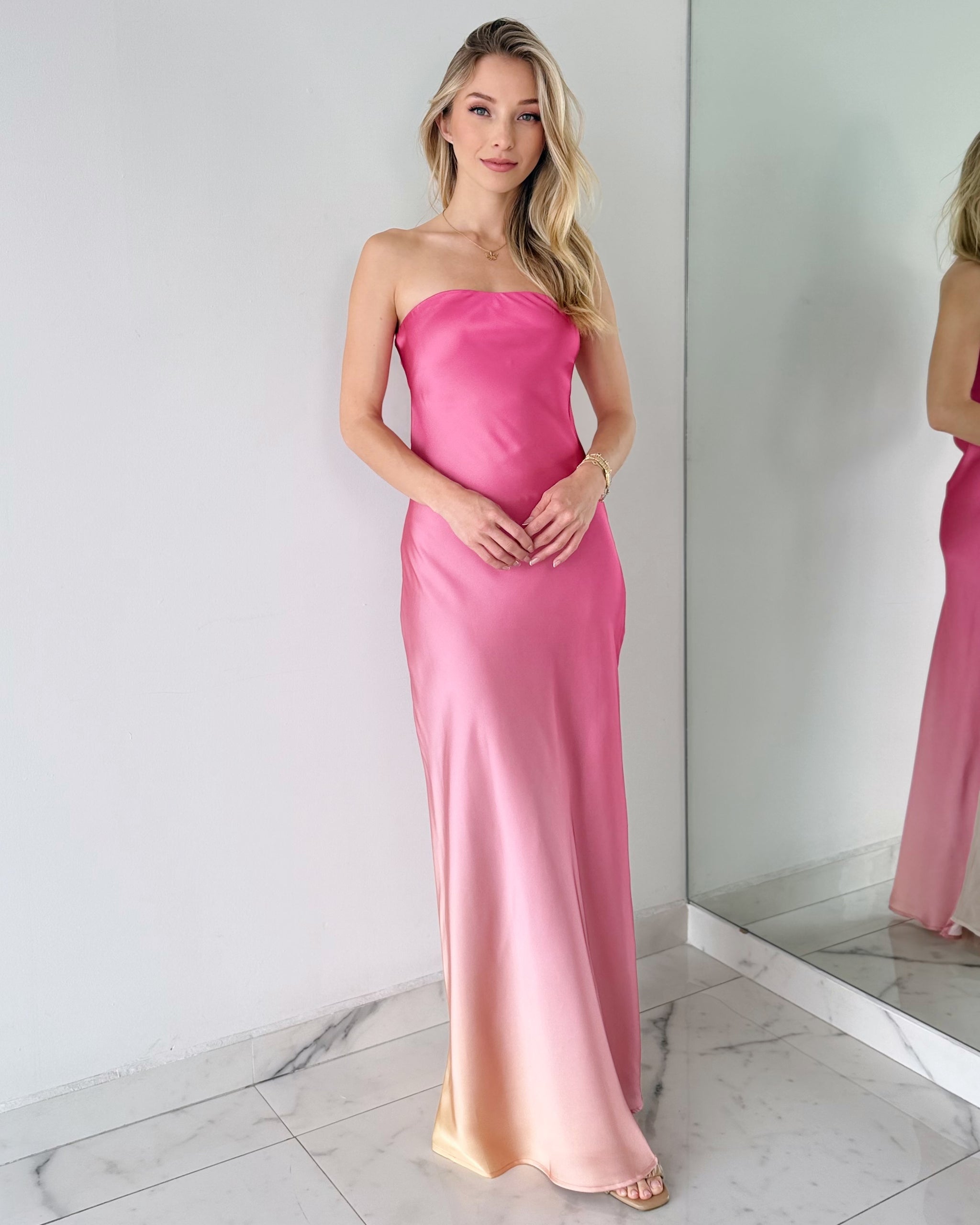 Pink Print Strapless Open Leg Maxi Dress