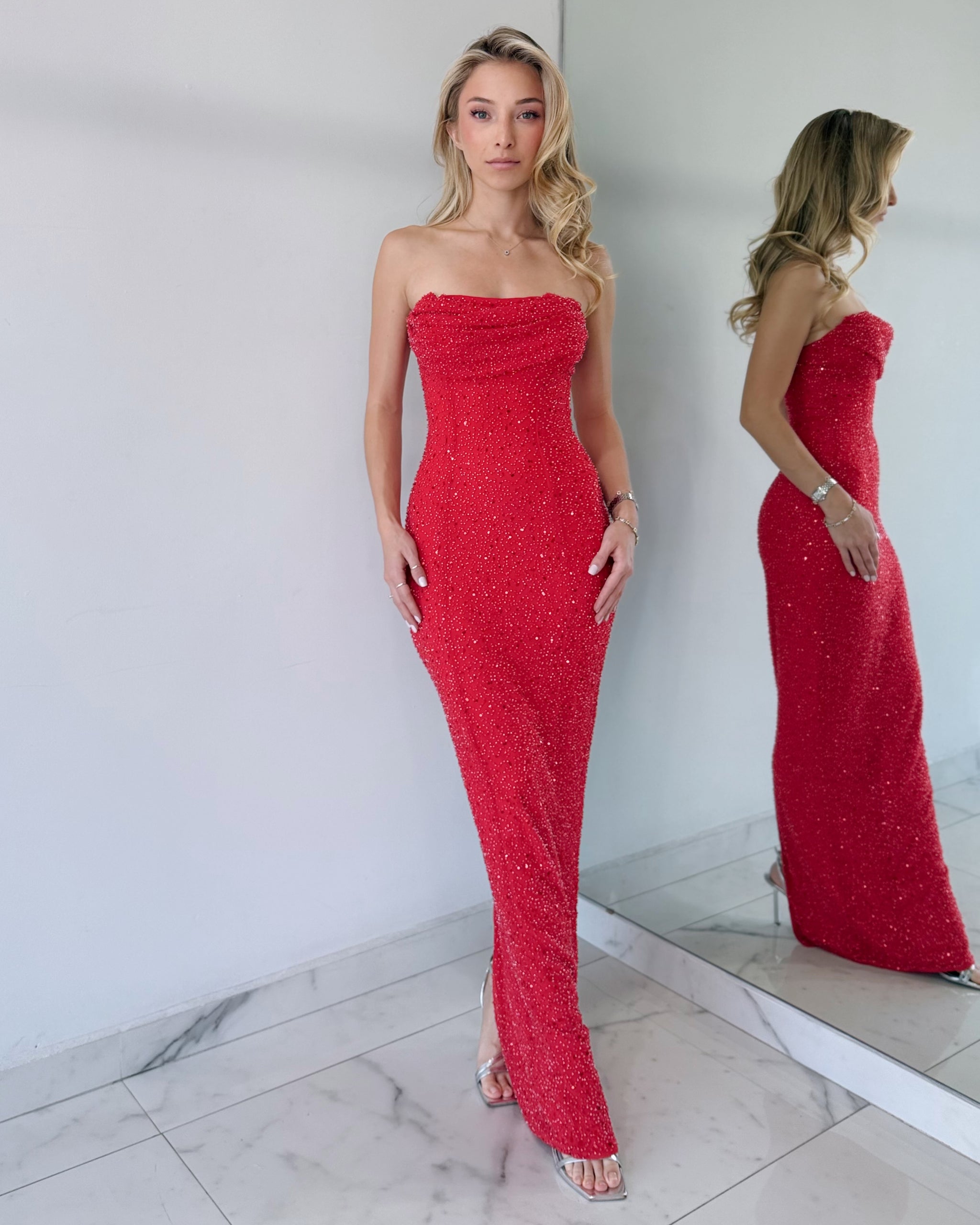 Red Strapless Pearl Gown Dresss