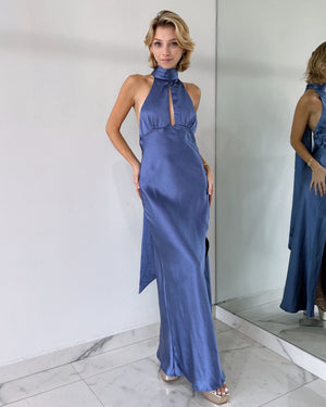 Blue Silk Halter Gown Dress