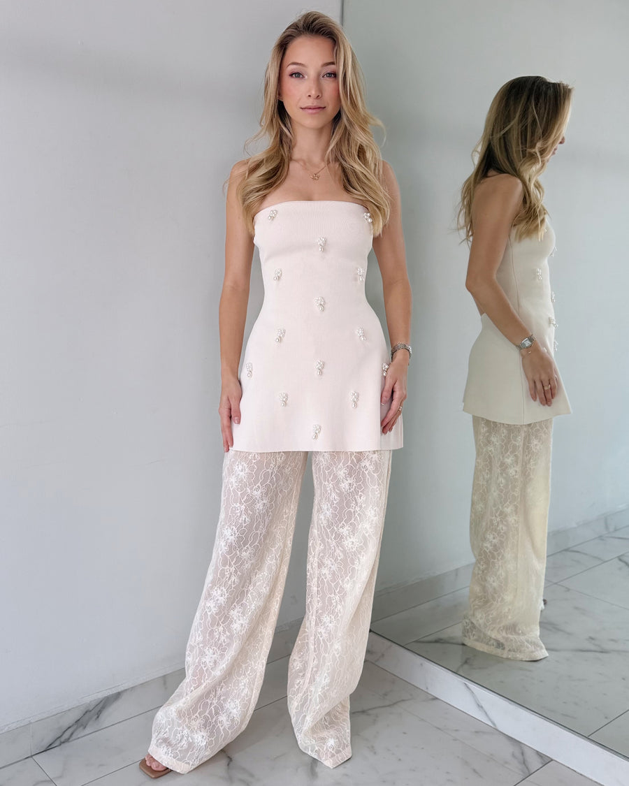 Nude Strapless Detail Top + Pant Two Piece Set