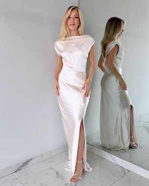 Champagne Silk Open Leg Maxi Dress