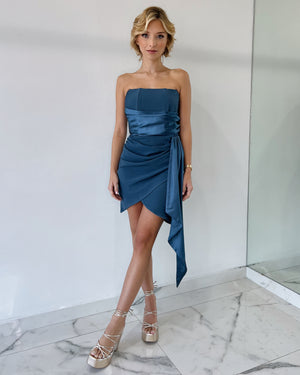 Blue Strapless Silk Mini Dress