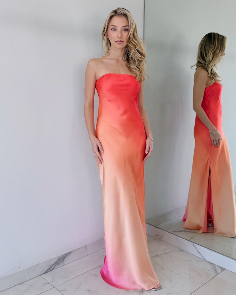 Orange Print Strapless Open Leg Maxi Dress