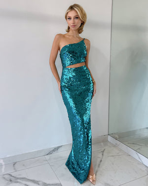 Turquoise Sequin Gown Dress