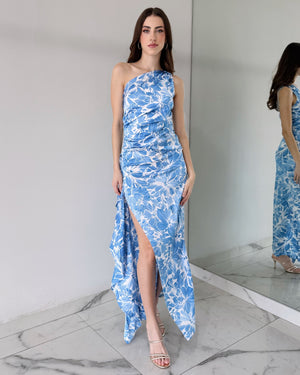 Baby Blue Print One Shoulder Ruffle Maxi Dress