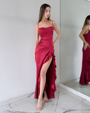 Wine Ruffle Open Leg Gown Dress