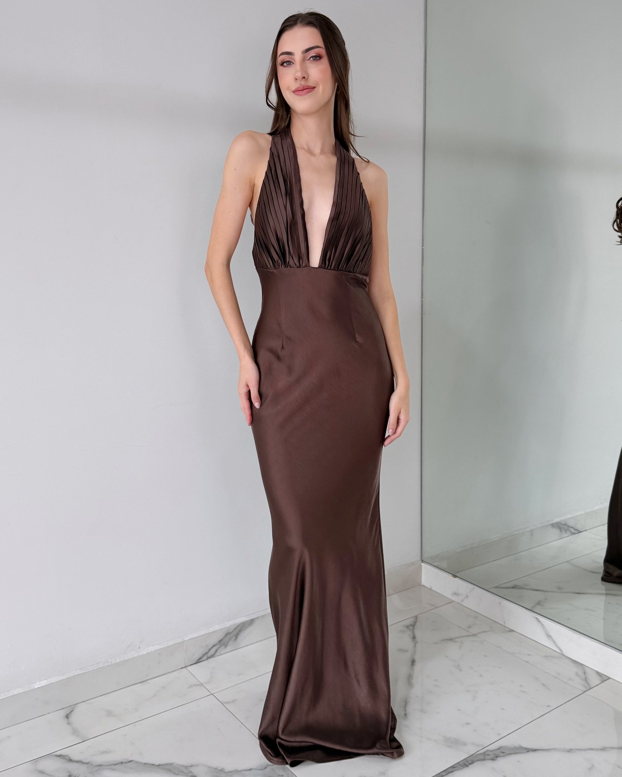Coffee Chocolate V Neck Open Back Gown Dress