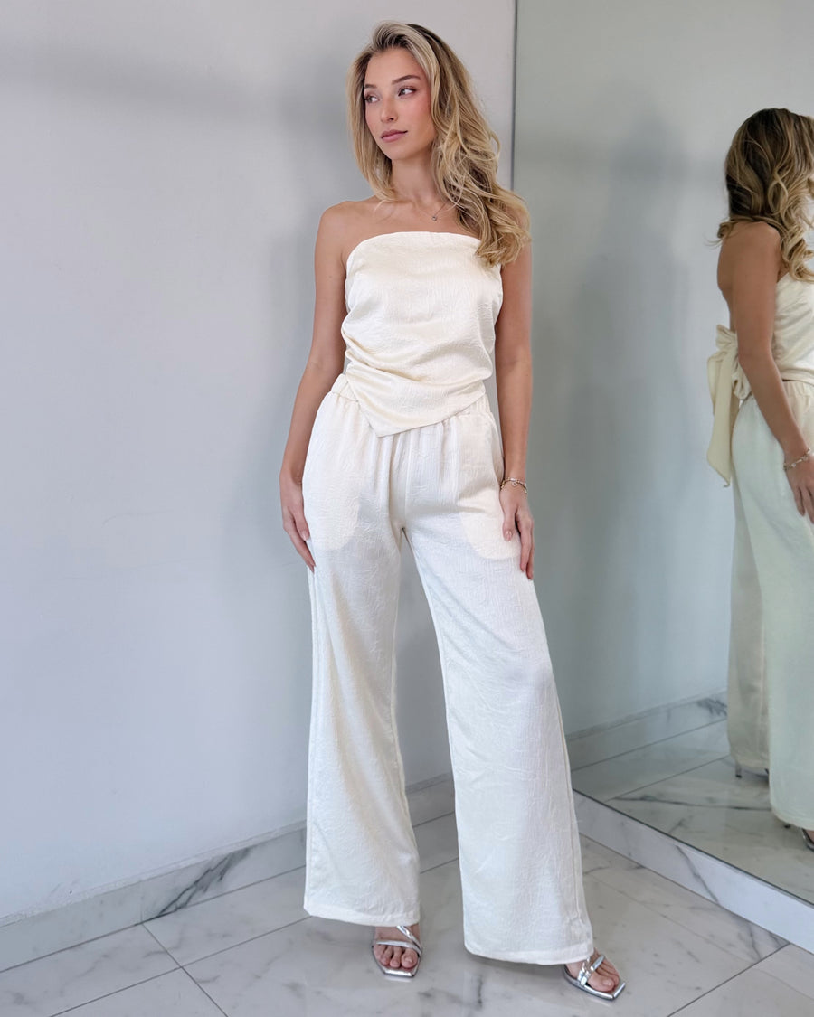 Champagne Print Strapless Top + Pant Two Piece Set