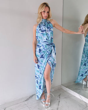 Blue Print Open Back Maxi Dress