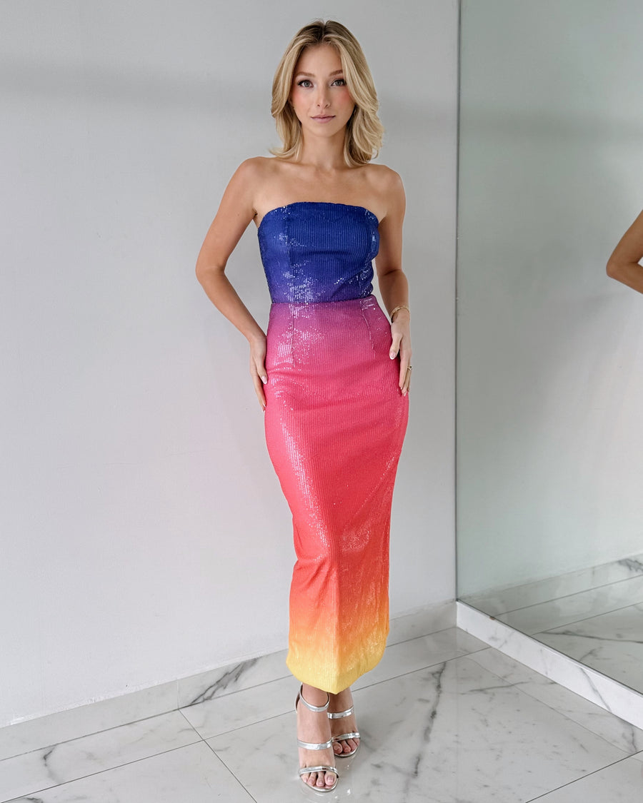 Purple Rainbow Strapless Sequin Midi Dress
