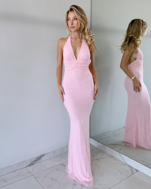Pink Pearl Halter Open Back Gown Dress