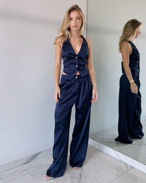Blue Silk Top + Pant Two Piece Set