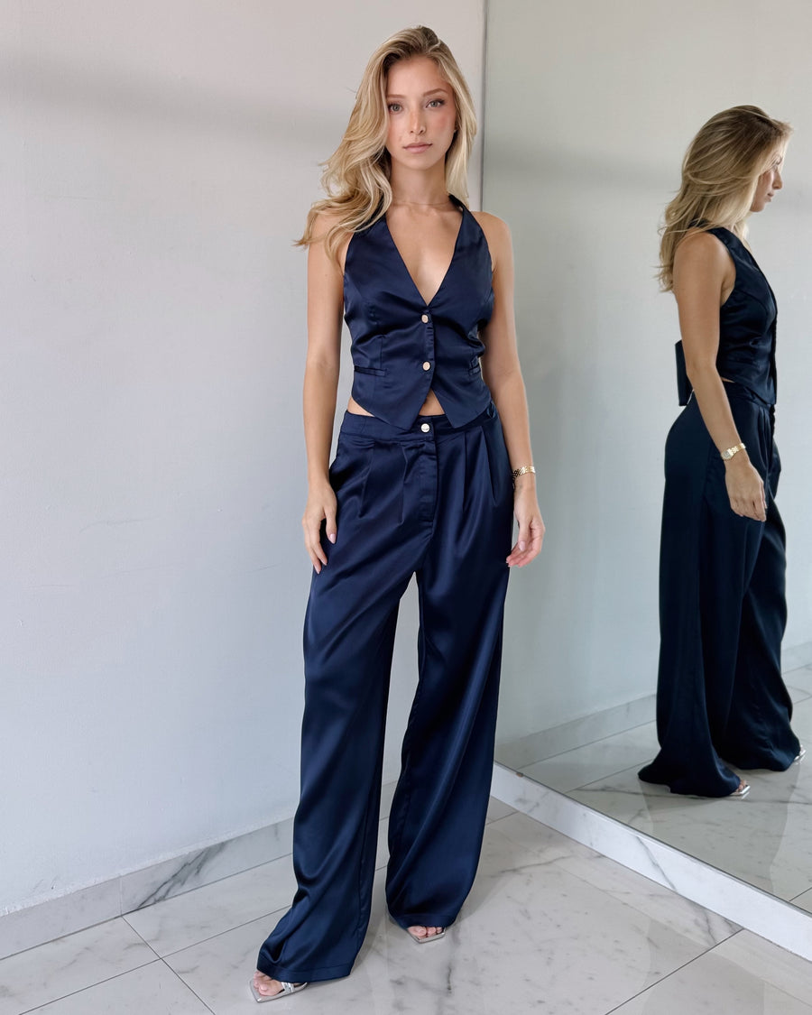 Blue Silk Top + Pant Two Piece Set