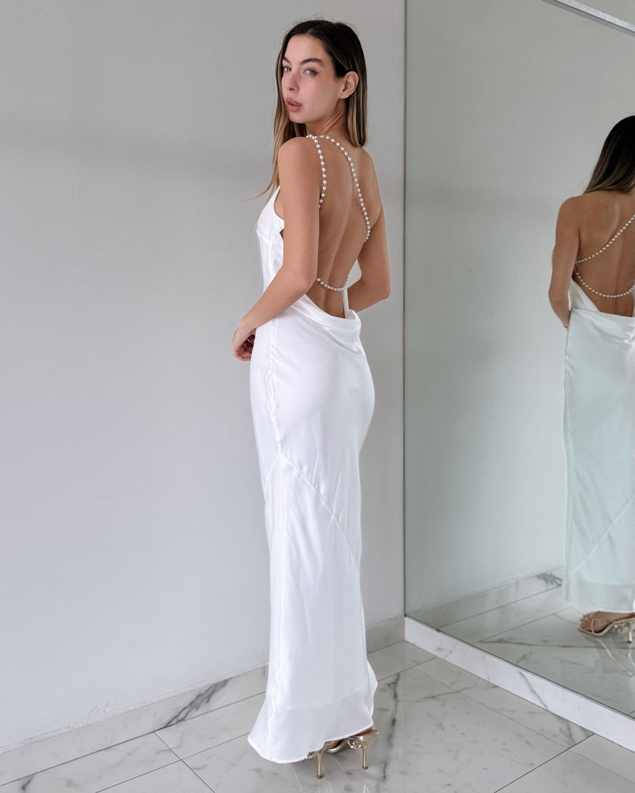 White One Shoulder Pearl Maxi Dress