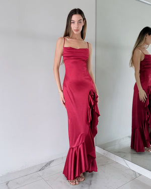 Wine Ruffle Open Leg Gown Dress