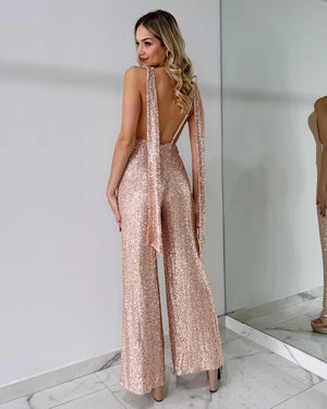 Nude Sequin Open Back Jumpsuit