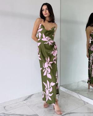 Green Floral Open Leg Midi Dress