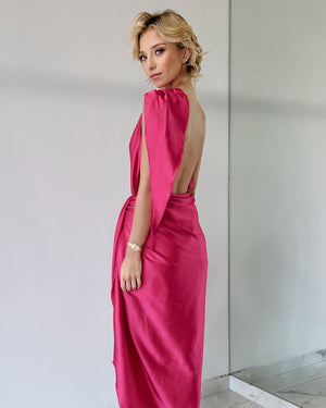 Hot Pink One Shoulder Midi Dress