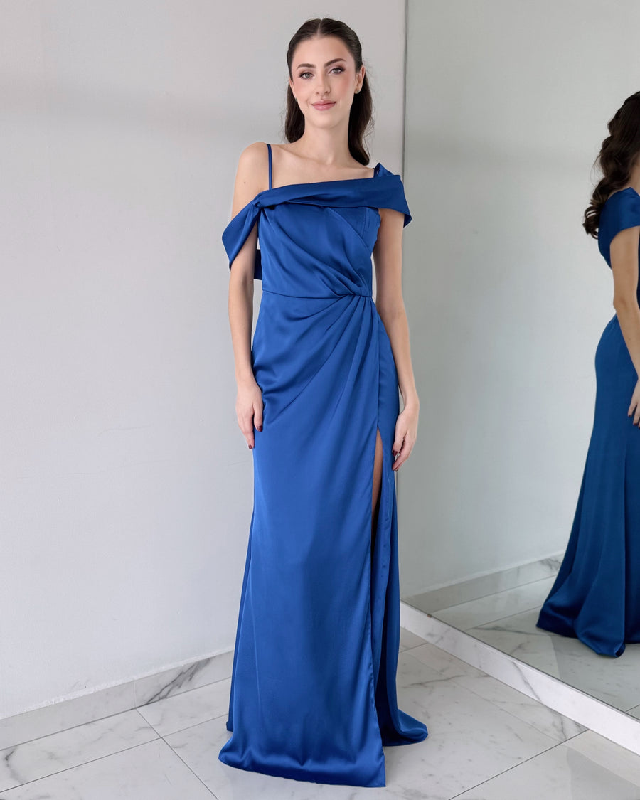 Blue Off Shoulder Gown Dress
