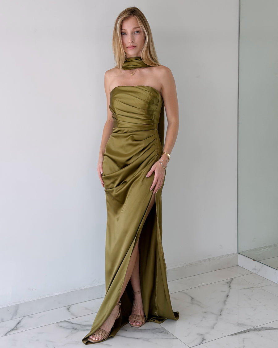 Olive Green Strapless Choker Gown Dress