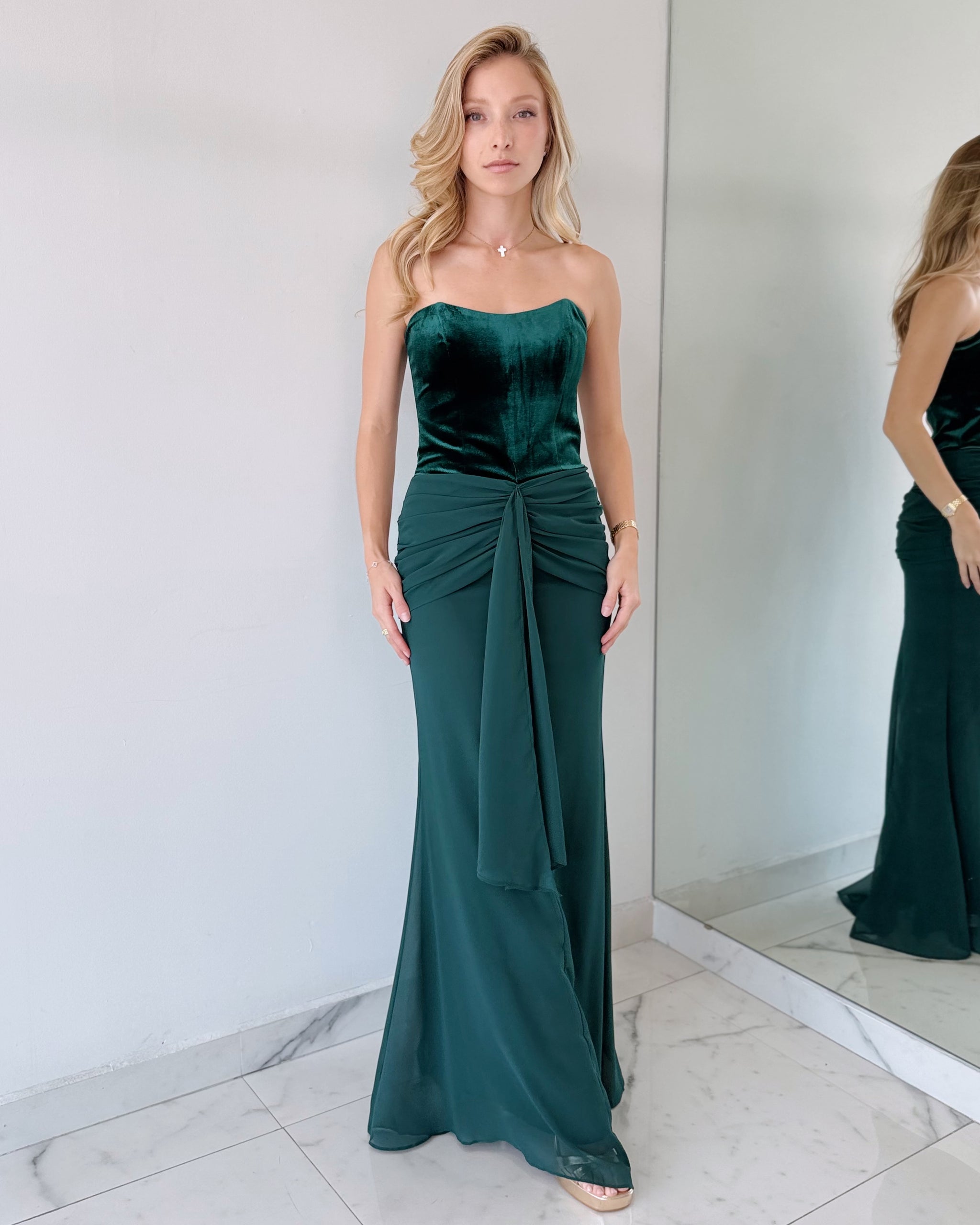 Green Strapless Velvet Gown Dress