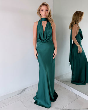 Hunter Green Halter Open Back Gown Dress
