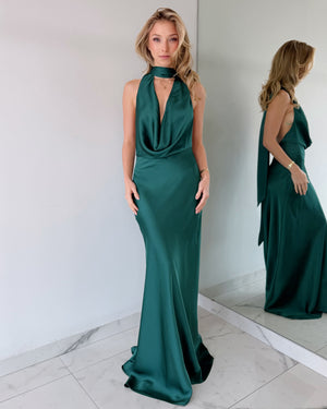 Hunter Green Halter Open Back Gown Dress