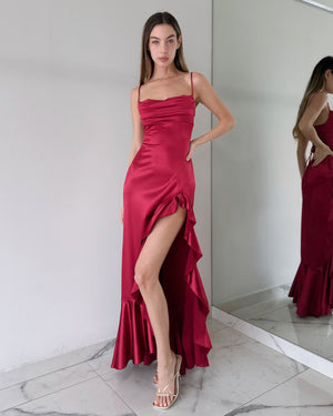 Wine Ruffle Open Leg Gown Dress