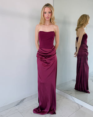 Wine Strapless Gown Dress