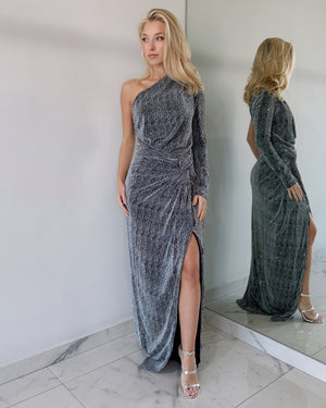 Silver One Shoulder Gown Dress