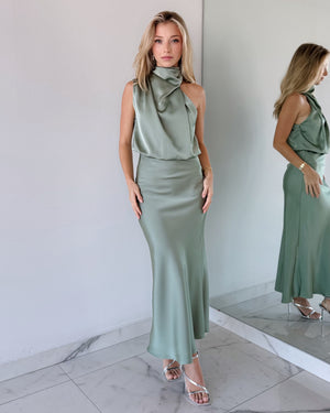 Green Mint Sage Halter Midi Dress