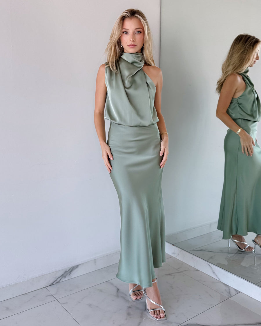 Green Mint Sage Halter Midi Dress