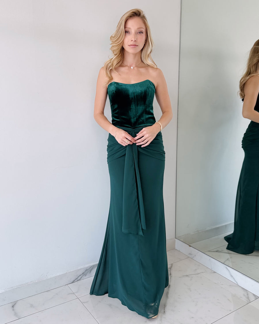 Green Strapless Velvet Gown Dress